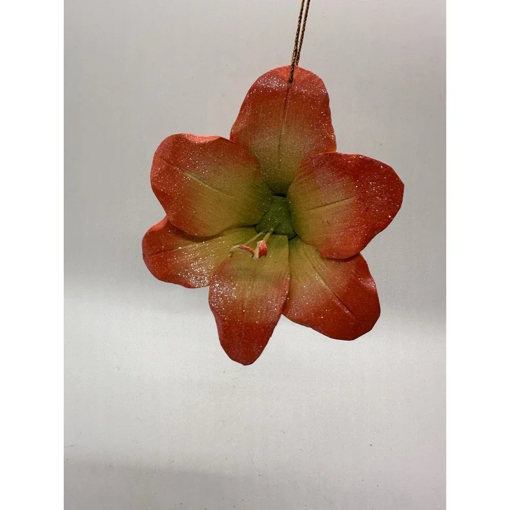 Glitter Amaryllis‎ Flower Hanging Ornament Red Green Hand Painted Wood 5